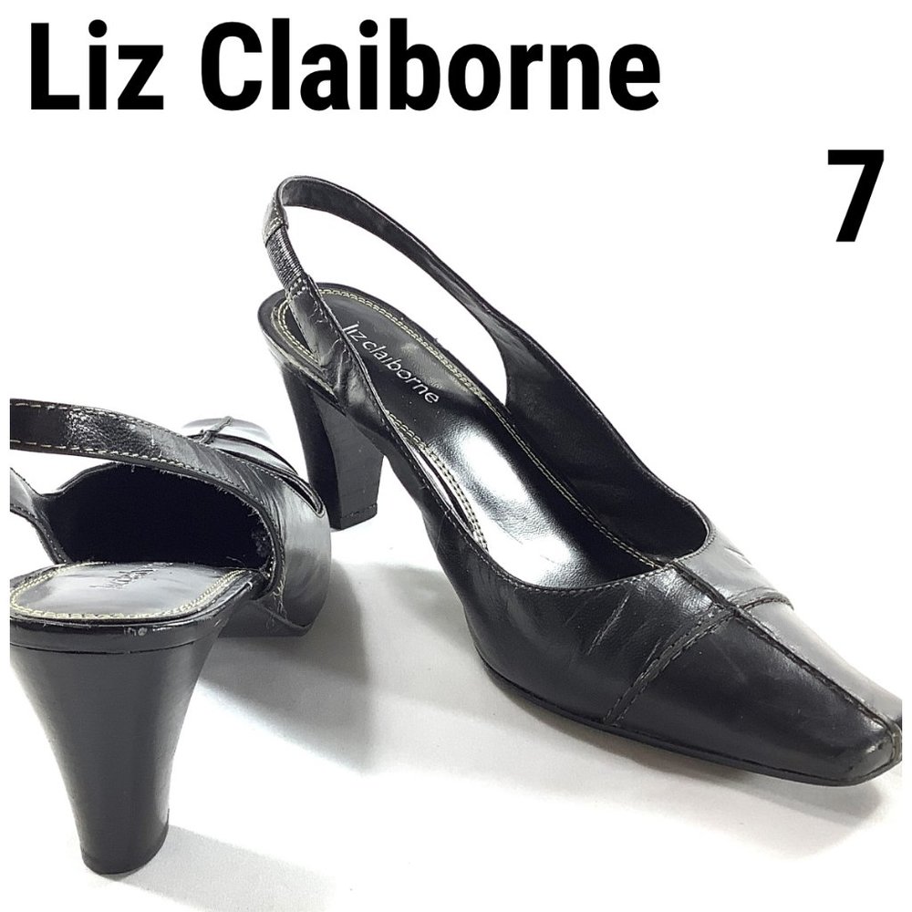 Liz Claiborne Heels Slingback Strap Sandals Leather Black 7 Megan Style